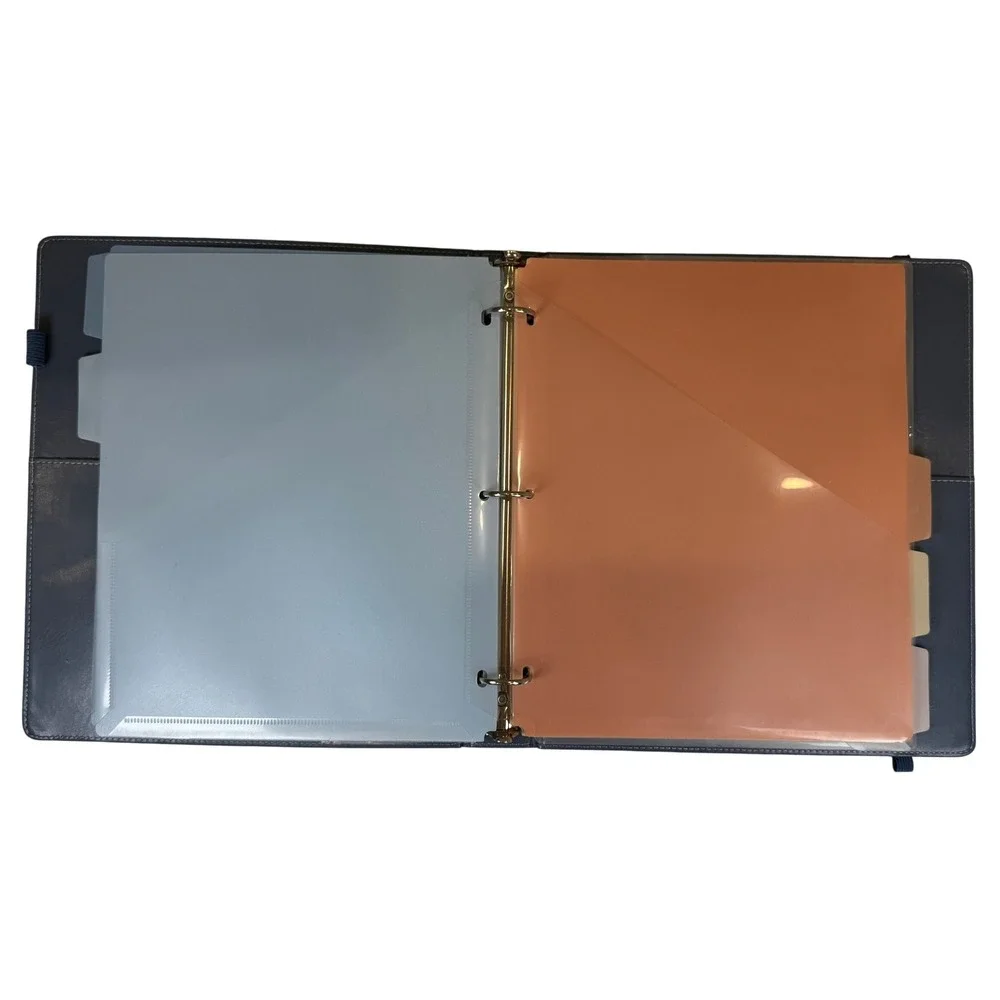 Blue Faux Leather 3-Ring Binder Clipboard Organizer with Dividers and Pockets